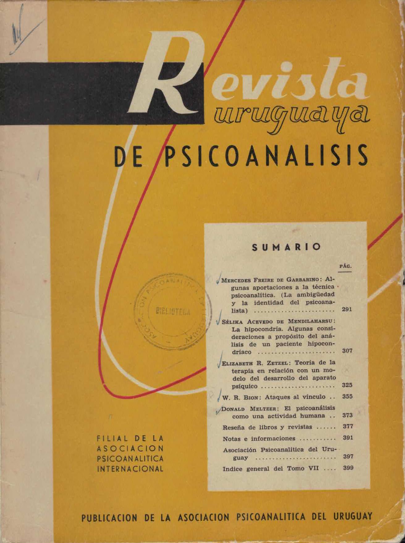 					Ver Vol. 7 Núm. 4 (1965): Revista Uruguaya de Psicoanálisis
				